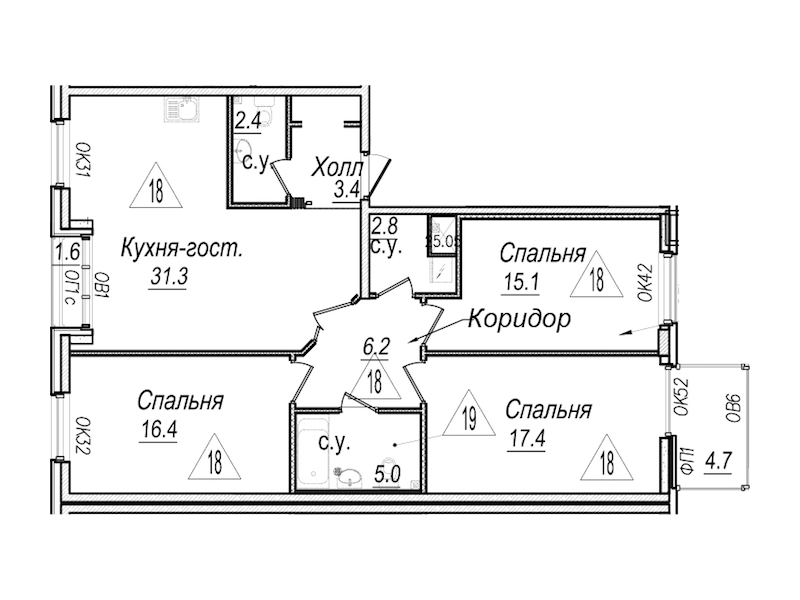 3-комнатная квартира 102.2 м², 5/8 эт., Комплекс апартаментов «Meltzer Hall»